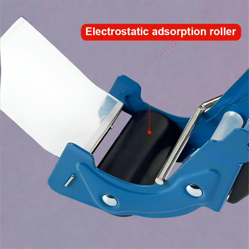 Mouse trap style tape gun in hand during use

Tape gun dispenser with ergonomic grip and metal body

Close-up of T250426 heavy-duty tape gun loading area

Heavy-duty black and blue packing tape dispenser

Shipping tape dispenser shown with standard tape roll

