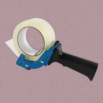 Mouse trap style tape gun in hand during use

Tape gun dispenser with ergonomic grip and metal body

Close-up of T250426 heavy-duty tape gun loading area

Heavy-duty black and blue packing tape dispenser

Shipping tape dispenser shown with standard tape roll

