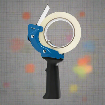 Mouse trap style tape gun in hand during use

Tape gun dispenser with ergonomic grip and metal body

Close-up of T250426 heavy-duty tape gun loading area

Heavy-duty black and blue packing tape dispenser

Shipping tape dispenser shown with standard tape roll

