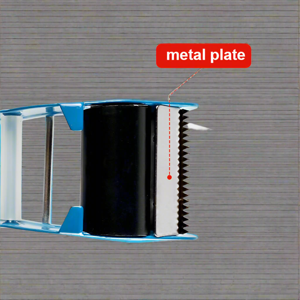 Mouse trap style tape gun in hand during use

Tape gun dispenser with ergonomic grip and metal body

Close-up of T250426 heavy-duty tape gun loading area

Heavy-duty black and blue packing tape dispenser

Shipping tape dispenser shown with standard tape roll

