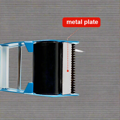 Mouse trap style tape gun in hand during use

Tape gun dispenser with ergonomic grip and metal body

Close-up of T250426 heavy-duty tape gun loading area

Heavy-duty black and blue packing tape dispenser

Shipping tape dispenser shown with standard tape roll

