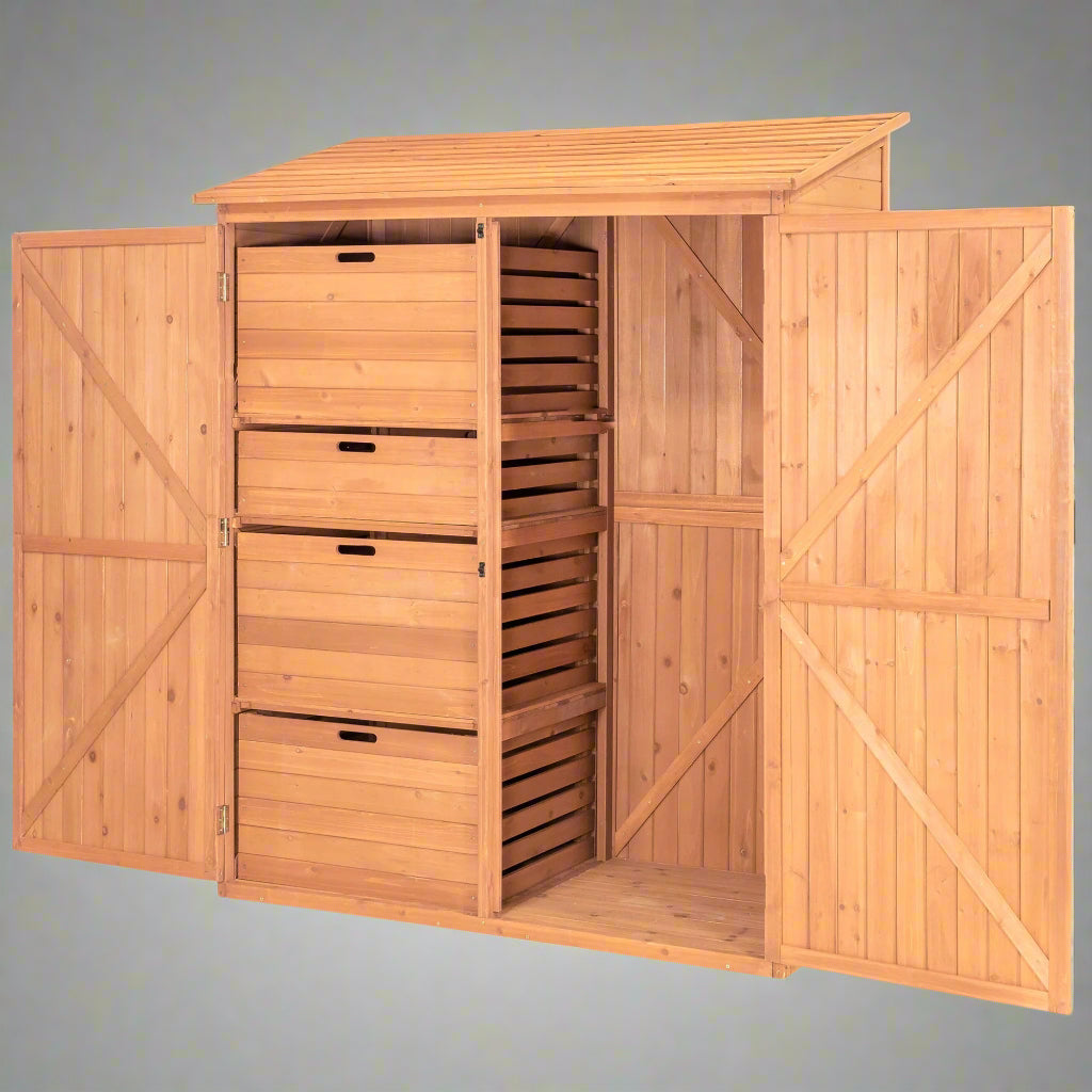 Multi-Compartment Outdoor Storage Cabinet with Pull-Out Crates

Wooden Garden Storage Cabinet for Tools and Accessories

Rustic Brown Outdoor Storage Cabinet with Multiple Shelves

Backyard Wooden Storage Box for Garden Organization