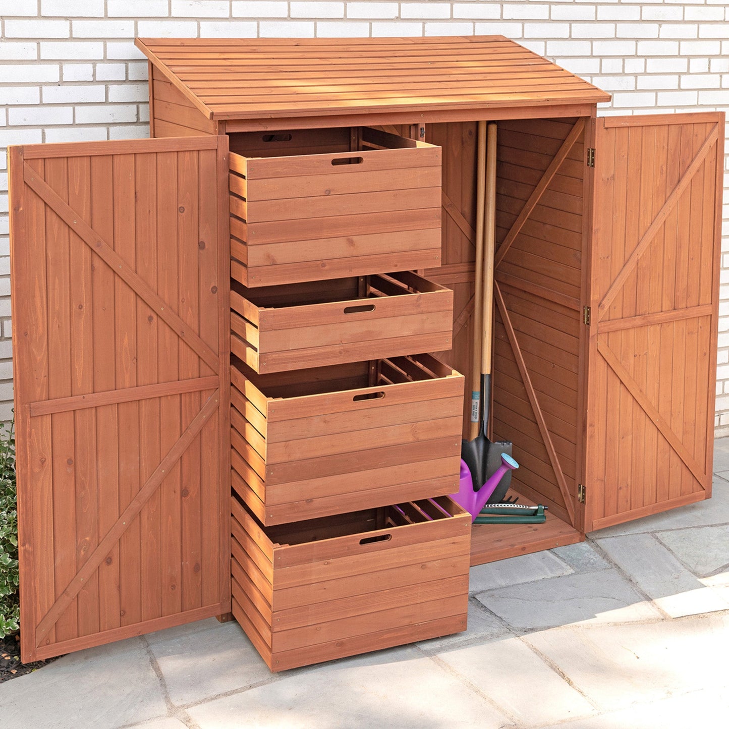 Multi-Compartment Outdoor Storage Cabinet with Pull-Out Crates

Wooden Garden Storage Cabinet for Tools and Accessories

Rustic Brown Outdoor Storage Cabinet with Multiple Shelves

Backyard Wooden Storage Box for Garden Organization