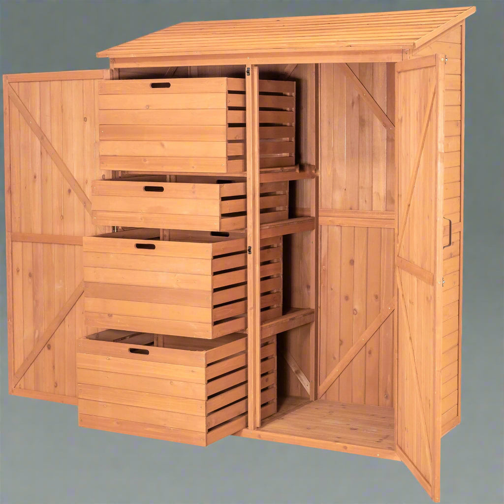 Multi-Compartment Outdoor Storage Cabinet with Pull-Out Crates

Wooden Garden Storage Cabinet for Tools and Accessories

Rustic Brown Outdoor Storage Cabinet with Multiple Shelves

Backyard Wooden Storage Box for Garden Organization