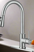 Modern stainless steel kitchen faucet with 3-function spray head and brushed nickel finish