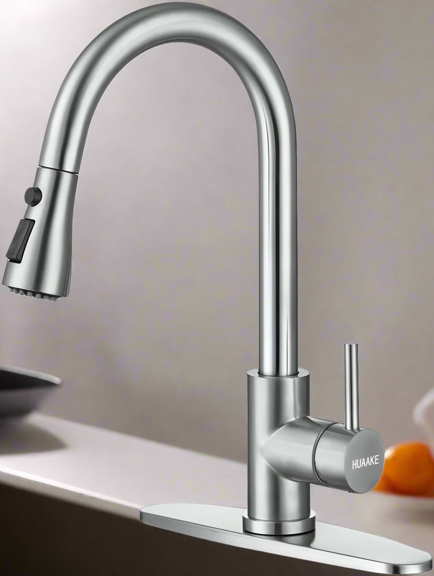 Modern stainless steel kitchen faucet with 3-function spray head and brushed nickel finish