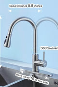 Modern stainless steel kitchen faucet with 3-function spray head and brushed nickel finish