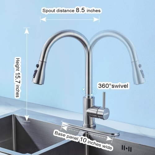 Modern stainless steel kitchen faucet with 3-function spray head and brushed nickel finish