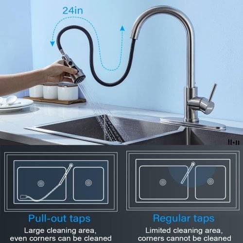 Modern stainless steel kitchen faucet with 3-function spray head and brushed nickel finish