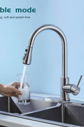 Modern stainless steel kitchen faucet with 3-function spray head and brushed nickel finish