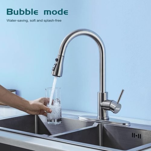 Modern stainless steel kitchen faucet with 3-function spray head and brushed nickel finish