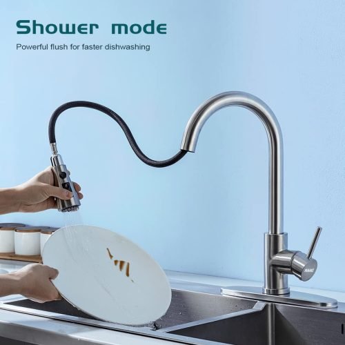 Modern stainless steel kitchen faucet with 3-function spray head and brushed nickel finish