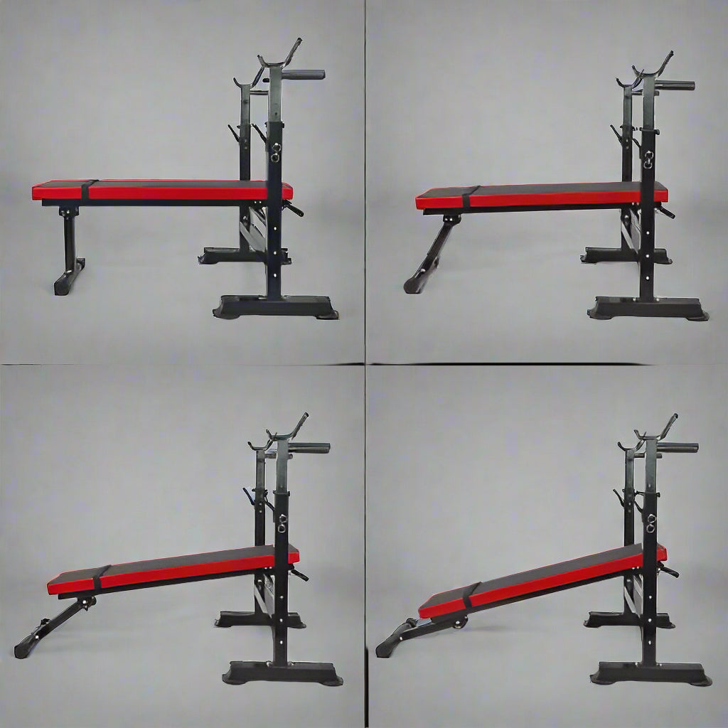 Adjustable Olympic workout bench with barbell rack and red cushion

Multifunctional fitness bench for squats, presses, and dumbbell exercises
Foldable gym bench with 6-position backrest and anti-slip base
Compact home gym bench with barbell stand and dip handles
Full-body strength training bench for home or personal gym use
