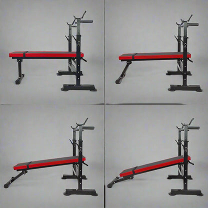 Adjustable Olympic workout bench with barbell rack and red cushion

Multifunctional fitness bench for squats, presses, and dumbbell exercises
Foldable gym bench with 6-position backrest and anti-slip base
Compact home gym bench with barbell stand and dip handles
Full-body strength training bench for home or personal gym use