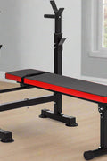 Adjustable Olympic workout bench with barbell rack and red cushion

Multifunctional fitness bench for squats, presses, and dumbbell exercises

Foldable gym bench with 6-position backrest and anti-slip base
Compact home gym bench with barbell stand and dip handles
Full-body strength training bench for home or personal gym use