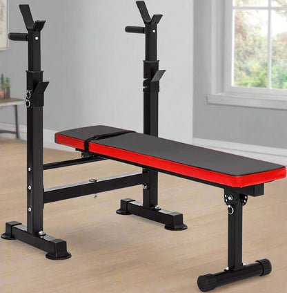 Adjustable Olympic workout bench with barbell rack and red cushion

Multifunctional fitness bench for squats, presses, and dumbbell exercises

Foldable gym bench with 6-position backrest and anti-slip base
Compact home gym bench with barbell stand and dip handles
Full-body strength training bench for home or personal gym use