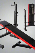 Adjustable Olympic workout bench with barbell rack and red cushion

Multifunctional fitness bench for squats, presses, and dumbbell exercises
Foldable gym bench with 6-position backrest and anti-slip base
Compact home gym bench with barbell stand and dip handles
Full-body strength training bench for home or personal gym use