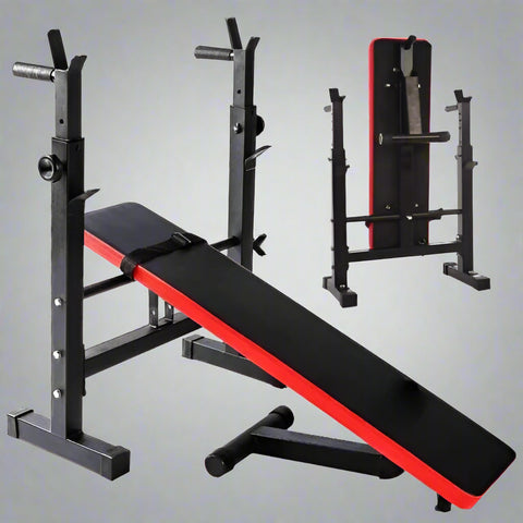 Adjustable Olympic workout bench with barbell rack and red cushion

Multifunctional fitness bench for squats, presses, and dumbbell exercises
Foldable gym bench with 6-position backrest and anti-slip base
Compact home gym bench with barbell stand and dip handles
Full-body strength training bench for home or personal gym use