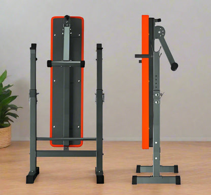 Adjustable Olympic workout bench with barbell rack and red cushion

Multifunctional fitness bench for squats, presses, and dumbbell exercises
Foldable gym bench with 6-position backrest and anti-slip base
Compact home gym bench with barbell stand and dip handles
Full-body strength training bench for home or personal gym use