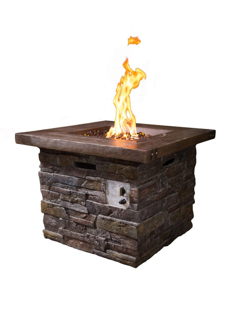 New Natural Stone Square Fiberglass Gas Firepit – 40,000 BTU with Lava Rocks & Cover | SKU: HF30502 - with | Sold by Uncle Wiener's Wholesale