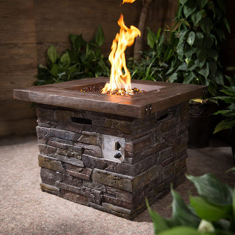 New Natural Stone Square Fiberglass Gas Firepit – 40,000 BTU with Lava Rocks & Cover | SKU: HF30502 - with | Sold by Uncle Wiener's Wholesale