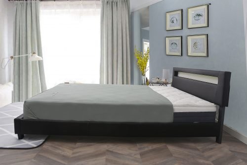 Modern black upholstered bed frame with LED headboard and PU leather finish – available in Twin, Full, Queen, and King sizes