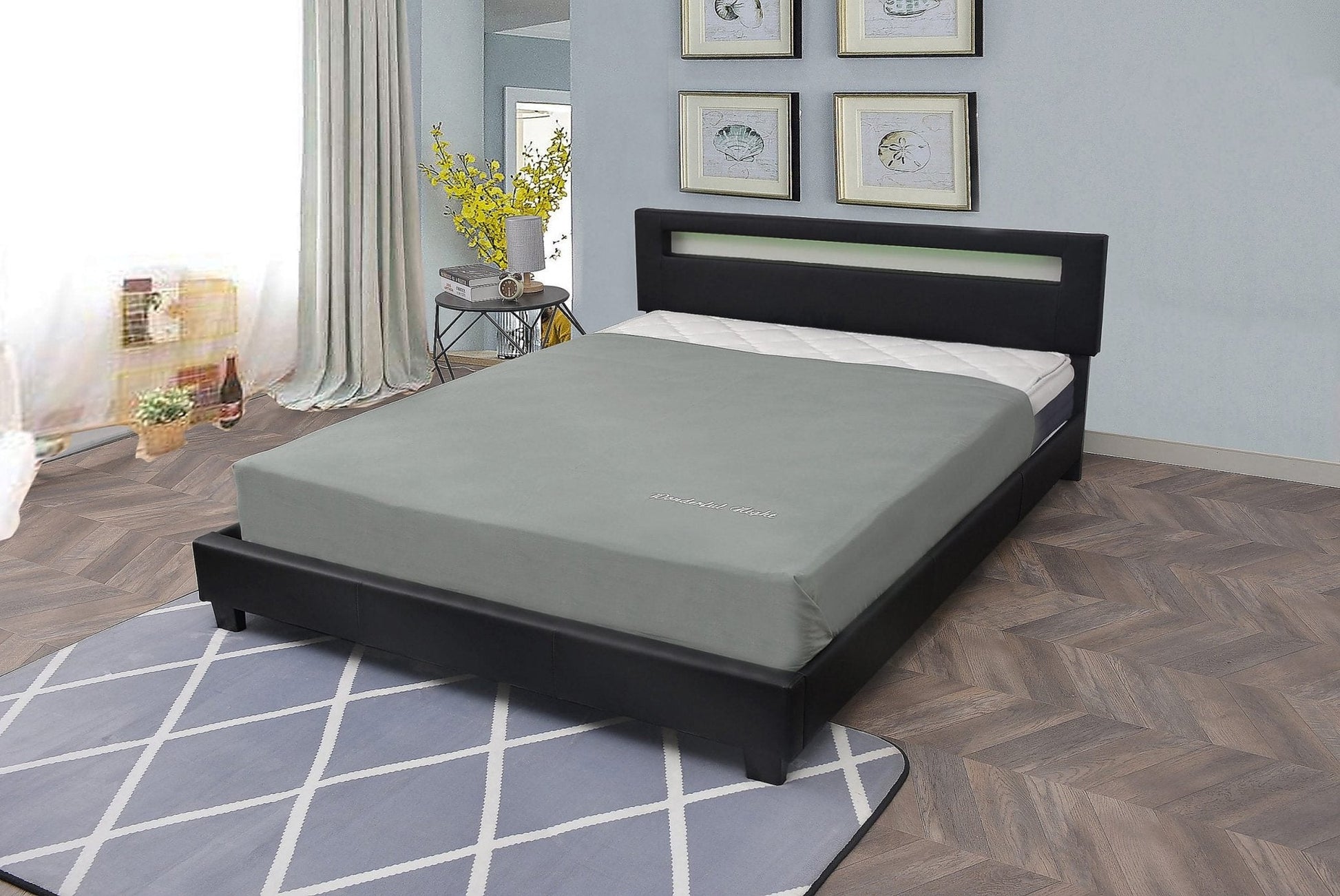 Modern black upholstered bed frame with LED headboard and PU leather finish – available in Twin, Full, Queen, and King sizes