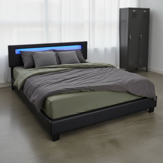 Modern black upholstered bed frame with LED headboard and PU leather finish – available in Twin, Full, Queen, and King sizes