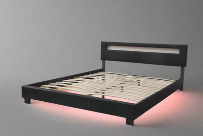 Modern black upholstered bed frame with LED headboard and PU leather finish – available in Twin, Full, Queen, and King sizes