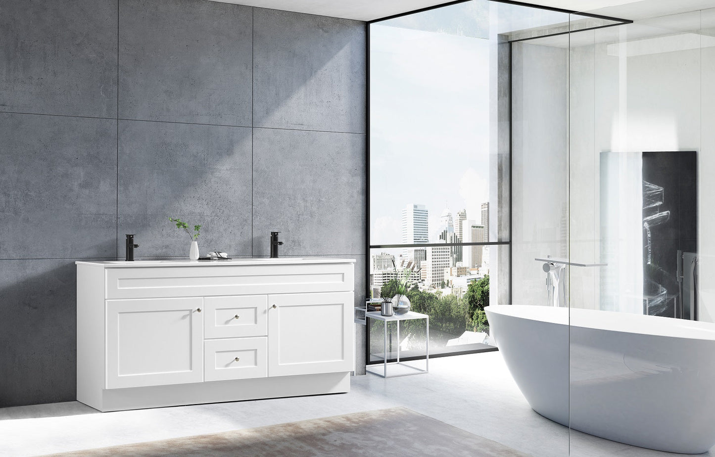 Shaker mirror frame paired with Newport vanity cabinet for coordinated bathroom furniture