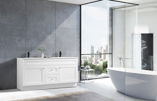 Shaker mirror frame paired with Newport vanity cabinet for coordinated bathroom furniture
