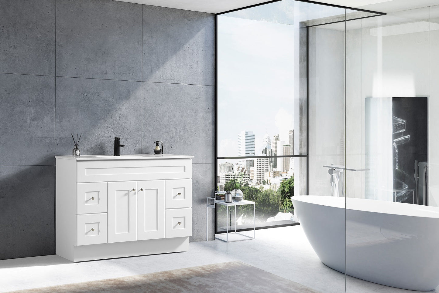 Spacious drawer and storage layout inside Newport shaker vanity for bathroom organization