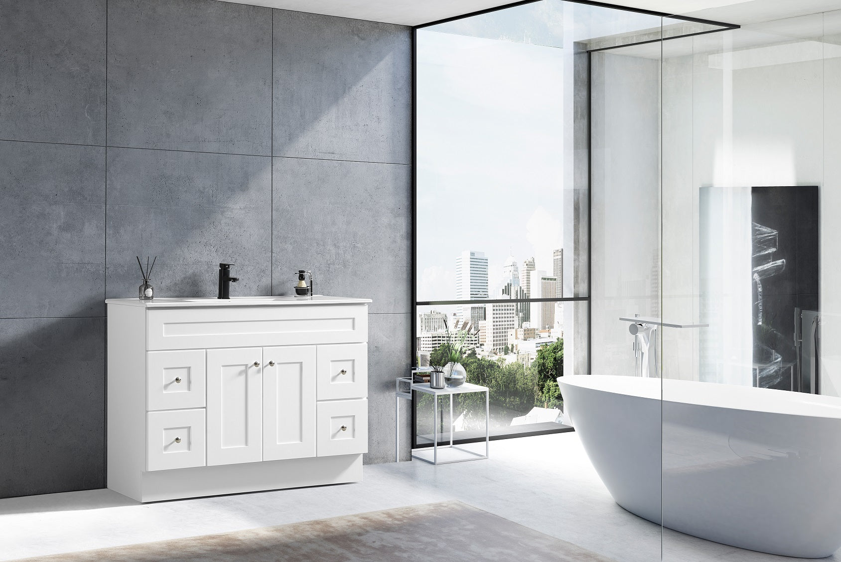 Spacious drawer and storage layout inside Newport shaker vanity for bathroom organization