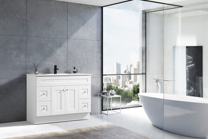 Spacious drawer and storage layout inside Newport shaker vanity for bathroom organization