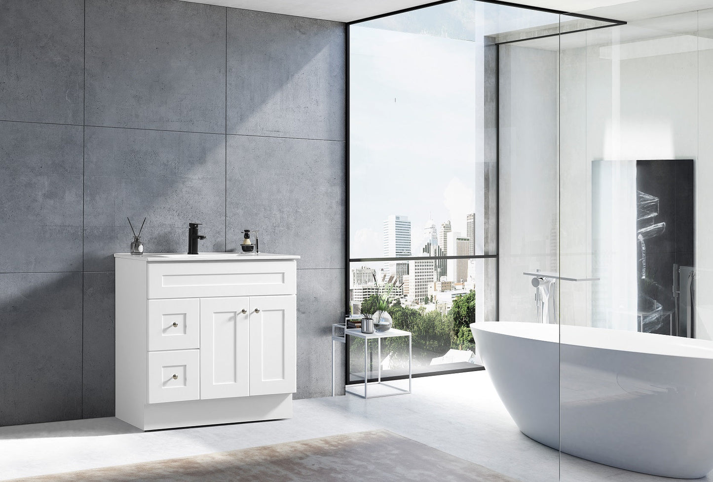 Modern white shaker vanity with marble top and single sink in styled bathroom setting – Newport series