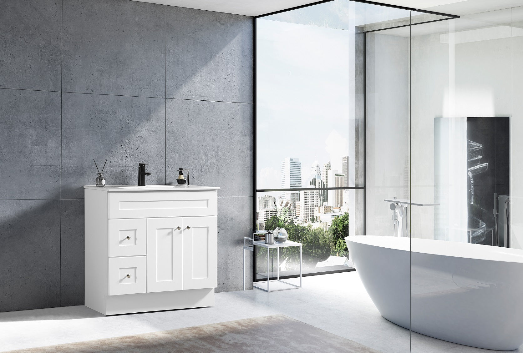 Modern white shaker vanity with marble top and single sink in styled bathroom setting – Newport series