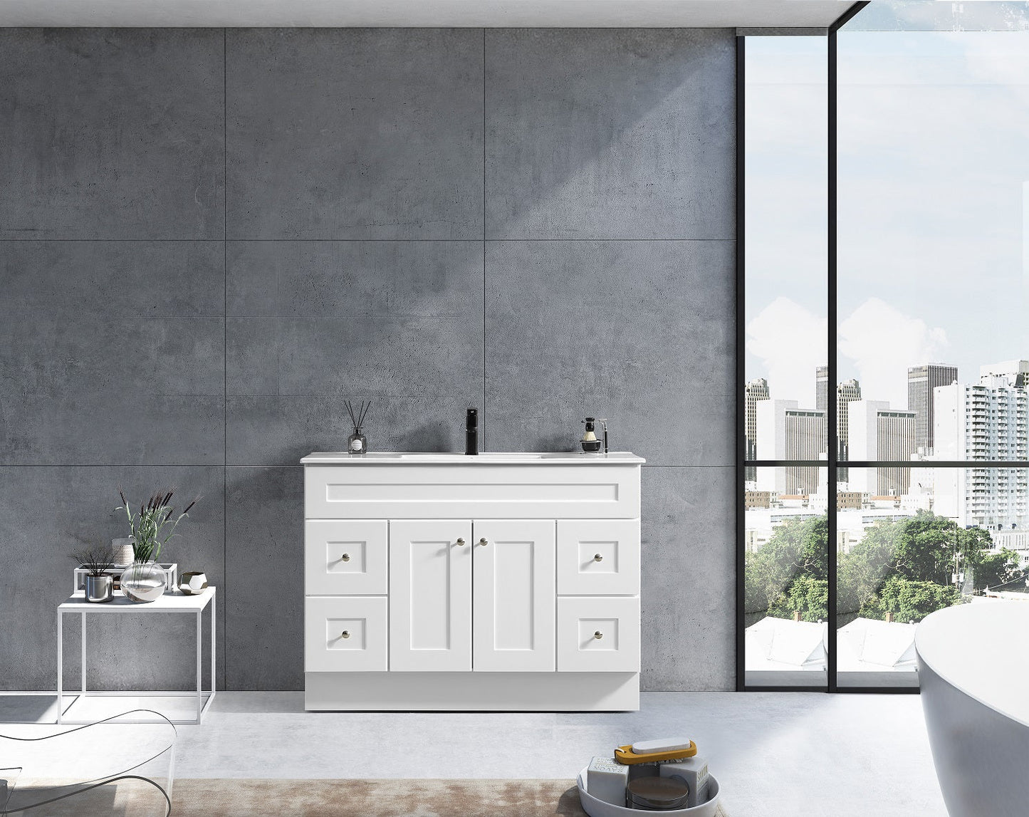 Newport vanity collection showing 36 inch, 48 inch, and 72 inch white shaker cabinets