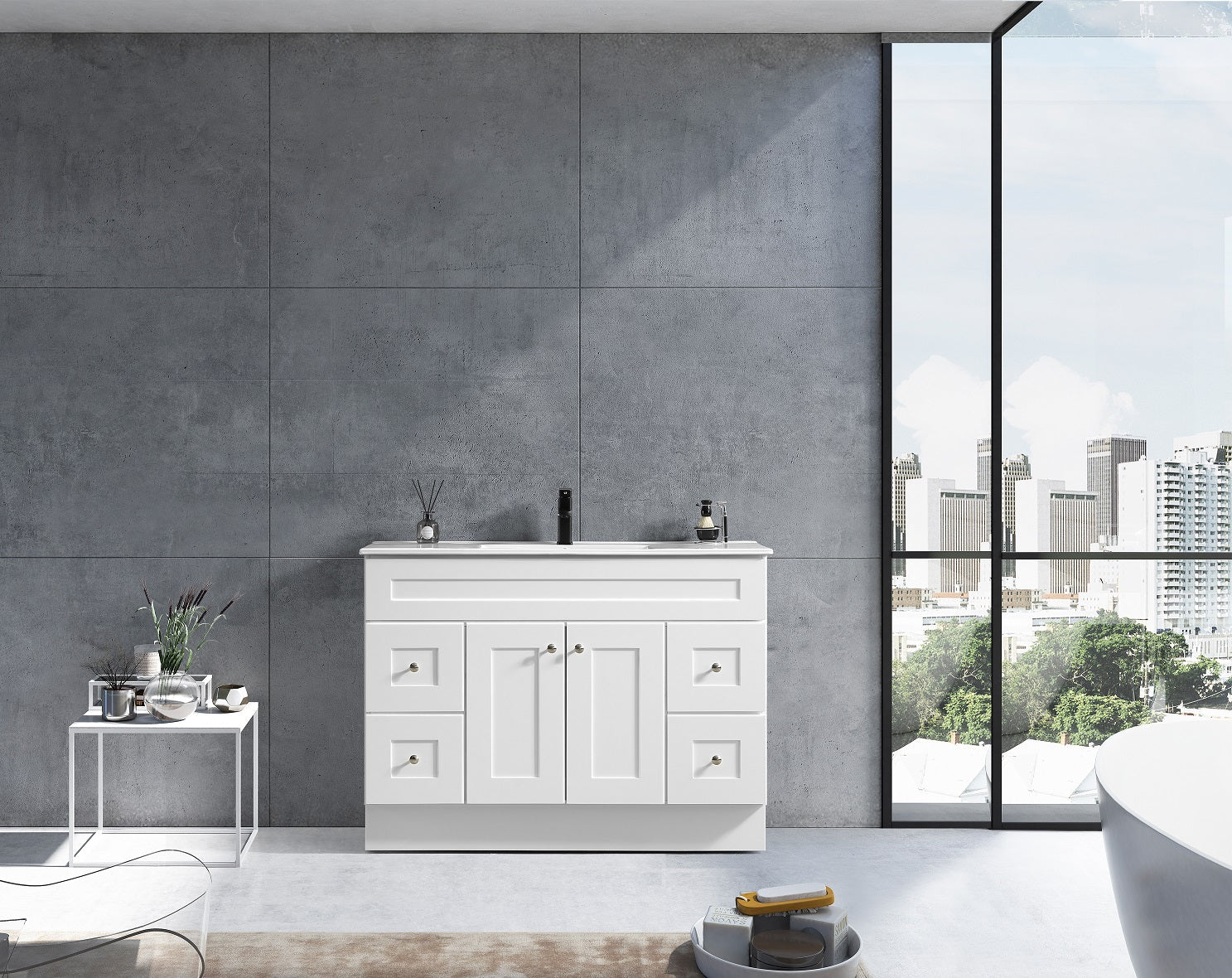 Newport vanity collection showing 36 inch, 48 inch, and 72 inch white shaker cabinets