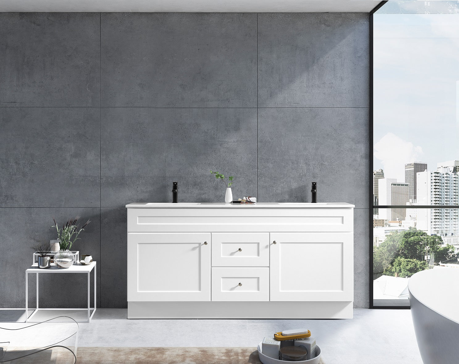 White Newport bathroom vanity installed in minimalist bathroom decor with matte flooring