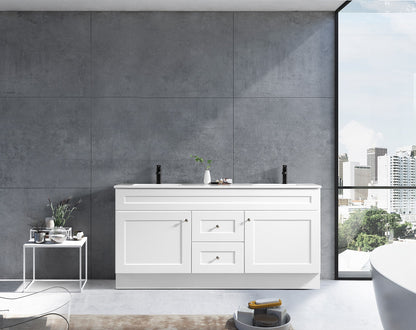 White Newport bathroom vanity installed in minimalist bathroom decor with matte flooring