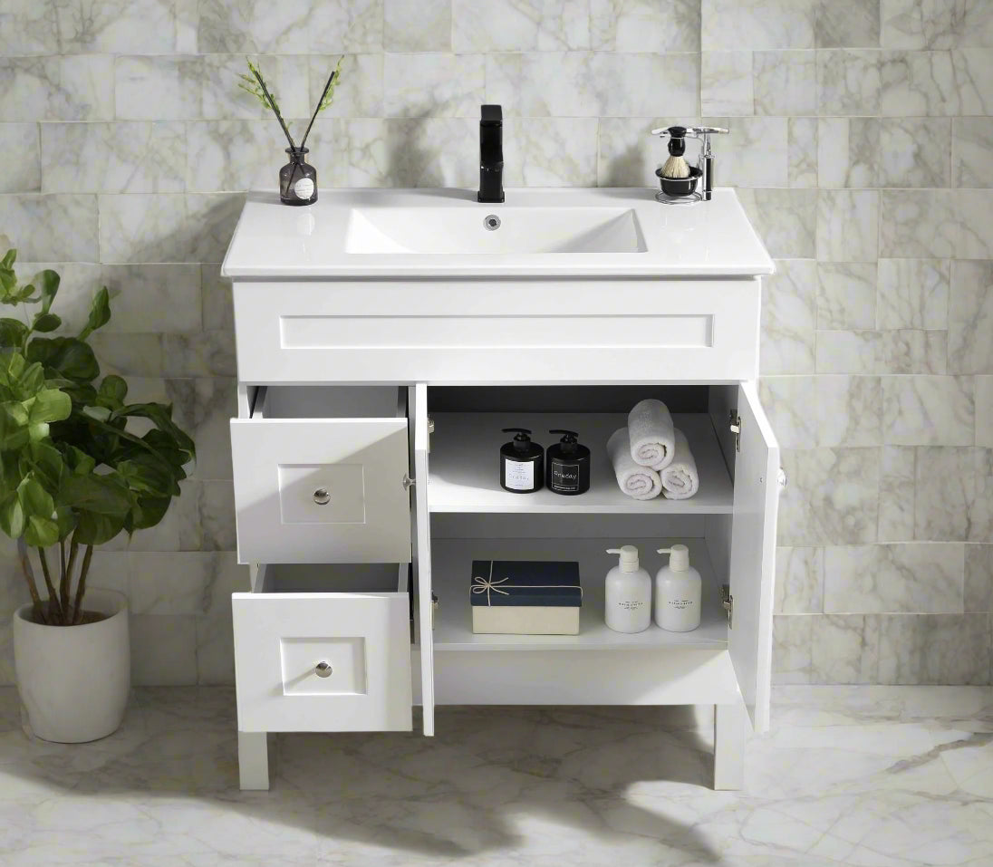 Soft-close drawer design with brushed chrome hardware on Newport bathroom vanity