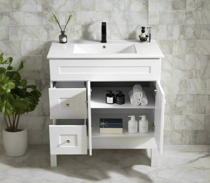 Soft-close drawer design with brushed chrome hardware on Newport bathroom vanity