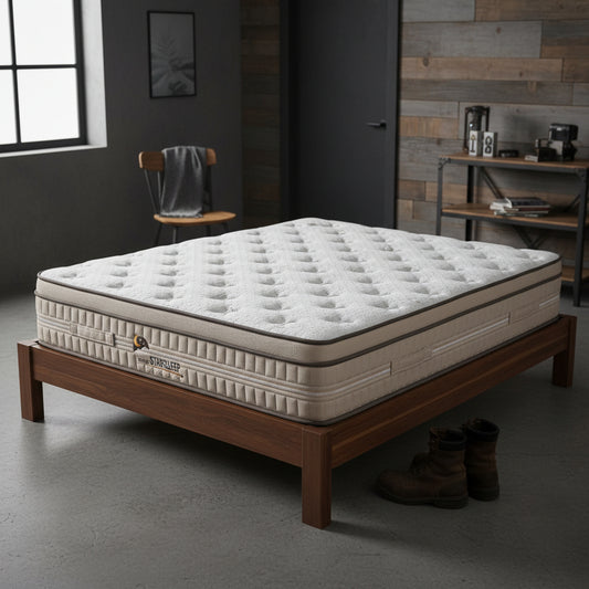 Night Star H8 12” Gel Memory Foam Mattress – side view

Euro top cooling mattress surface texture

Night Star mattress layers – foam and coil structure

King size mattress on bed frame – firm profile

Breathable fabric cover for temperature regulation