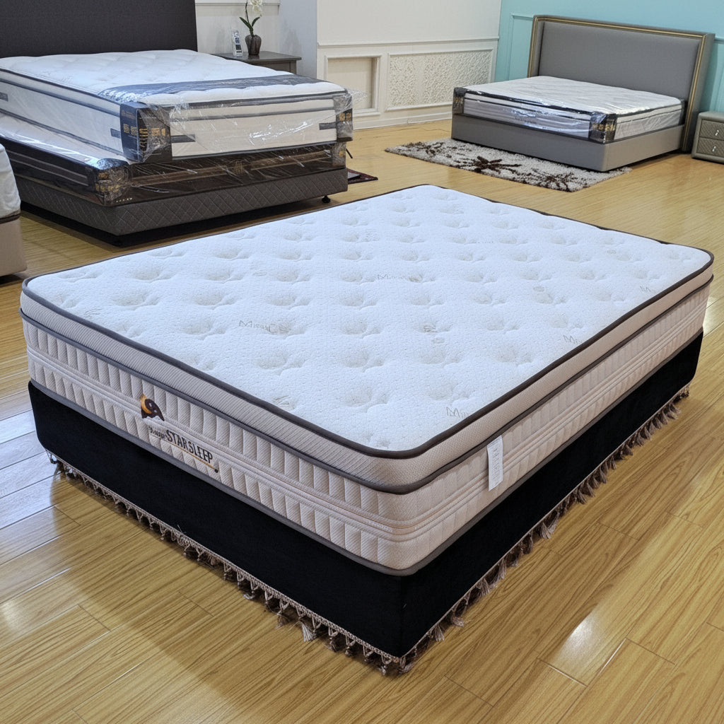 Night Star H8 12” Gel Memory Foam Mattress – side view

Euro top cooling mattress surface texture

Night Star mattress layers – foam and coil structure

King size mattress on bed frame – firm profile

Breathable fabric cover for temperature regulation