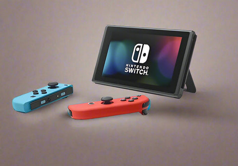 “Nintendo Switch open box console with red & blue Joy-Con controllers”

“TV tabletop and handheld gaming modes on Nintendo Switch”

“Nintendo Switch console accessories included in open box”