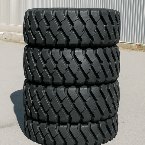 Heavy-duty E-3/L3 bias ply loader tire on warehouse floor

Rock lug pattern close-up for traction

20.5-25 loader tire tread and sidewall view

Mining OTR tire mounted on equipment

Rugged loader tire for industrial applications