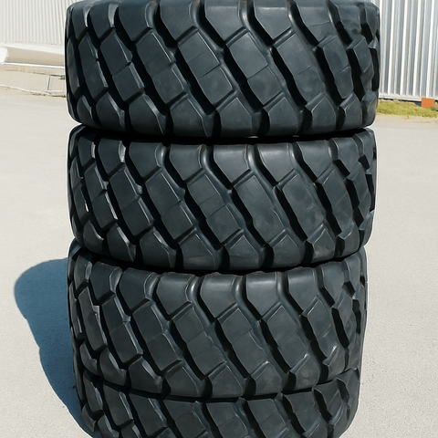 Heavy-duty E-3/L3 bias ply loader tire on warehouse floor

Rock lug pattern close-up for traction

20.5-25 loader tire tread and sidewall view

Mining OTR tire mounted on equipment

Rugged loader tire for industrial applications