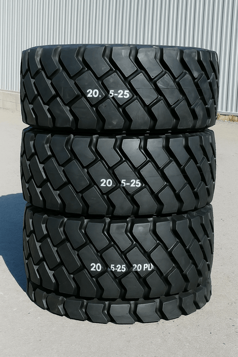 Heavy-duty E-3/L3 bias ply loader tire on warehouse floor

Rock lug pattern close-up for traction

20.5-25 loader tire tread and sidewall view

Mining OTR tire mounted on equipment

Rugged loader tire for industrial applications