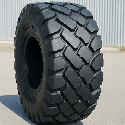 Heavy-duty E-3/L3 bias ply loader tire on warehouse floor

Rock lug pattern close-up for traction

20.5-25 loader tire tread and sidewall view

Mining OTR tire mounted on equipment

Rugged loader tire for industrial applications