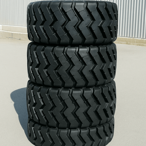 Heavy-duty E-3/L3 bias ply loader tire on warehouse floor

Rock lug pattern close-up for traction

20.5-25 loader tire tread and sidewall view

Mining OTR tire mounted on equipment

Rugged loader tire for industrial applications